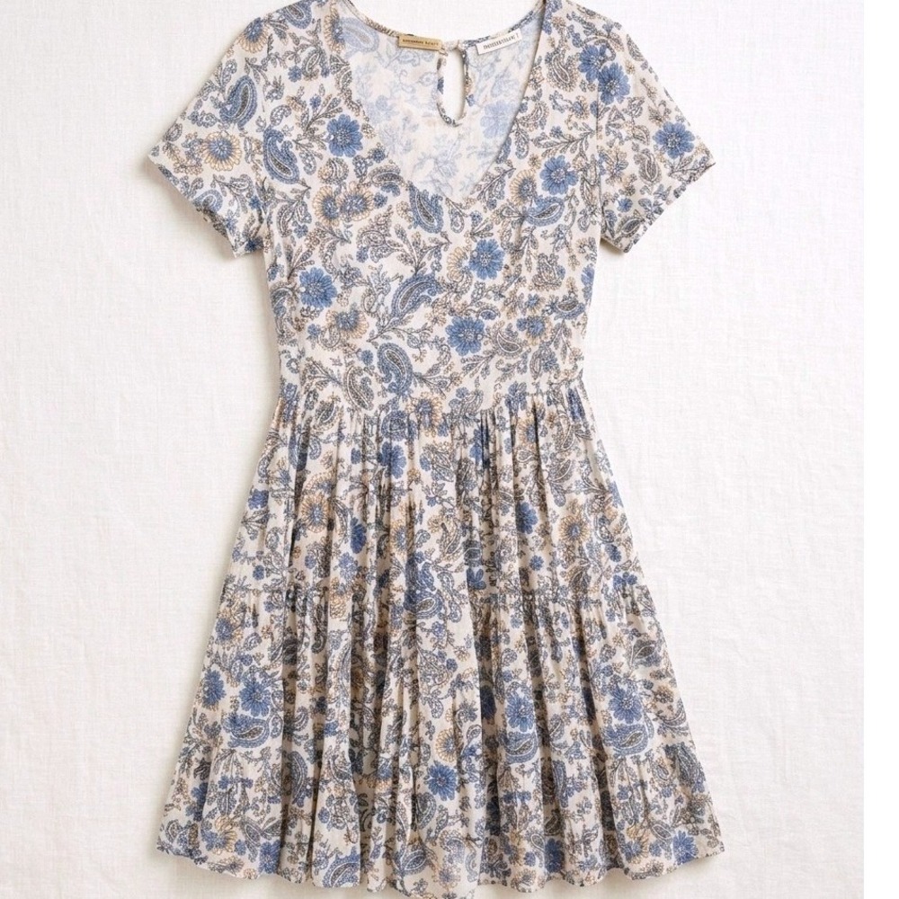 Patrons of Peace Blue Paisley Floral Rayon Twill Tiered Boho Mini Dress Small